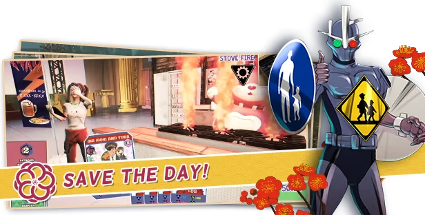 Promise Mascot Agency: A robot with a caution sign, a stove fire, and "SAVE THE DAY!" text.