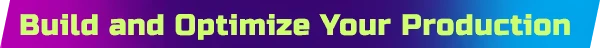 Prospector: Neon green text "Build and Optimize Your Production" on a purple to blue gradient background.
