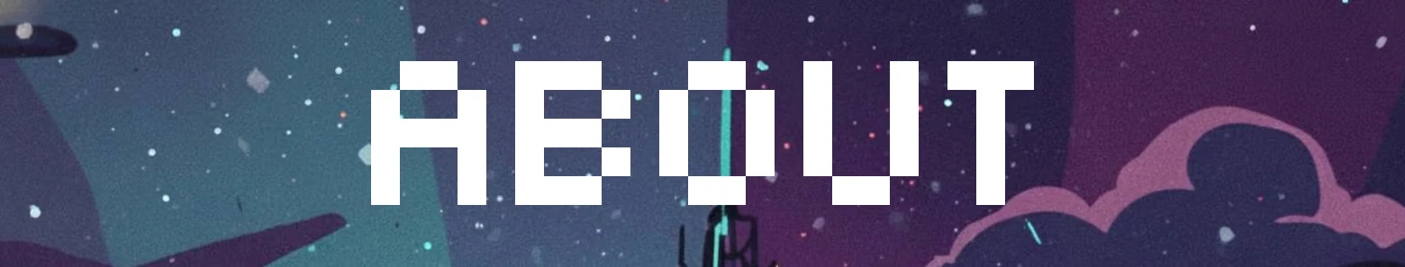 Psycasso®: Pixelated "ABOUT" text over a starry sky with purple clouds and abstract shapes.