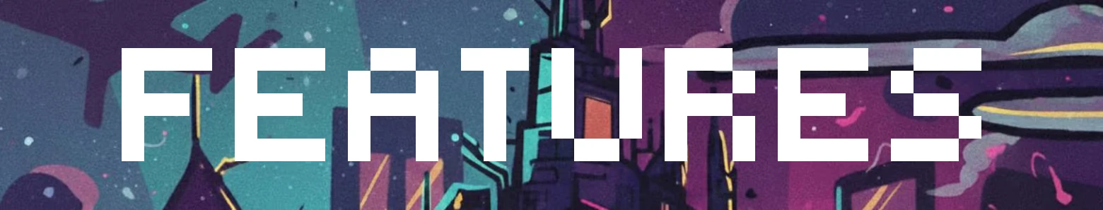 Psycasso®: White pixelated text "FEATURES" over a colorful, abstract cityscape background.