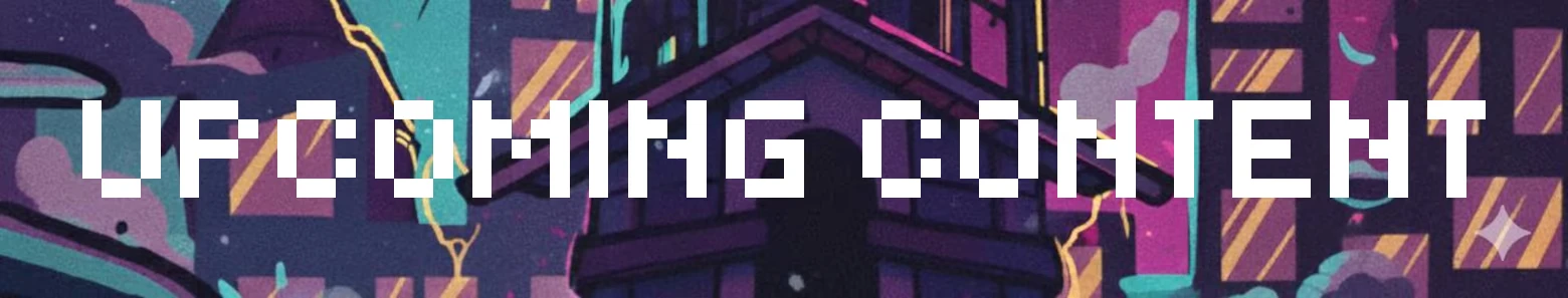 Psycasso®: Pixelated text "UPCOMING CONTENT" over a colorful, abstract cityscape background.