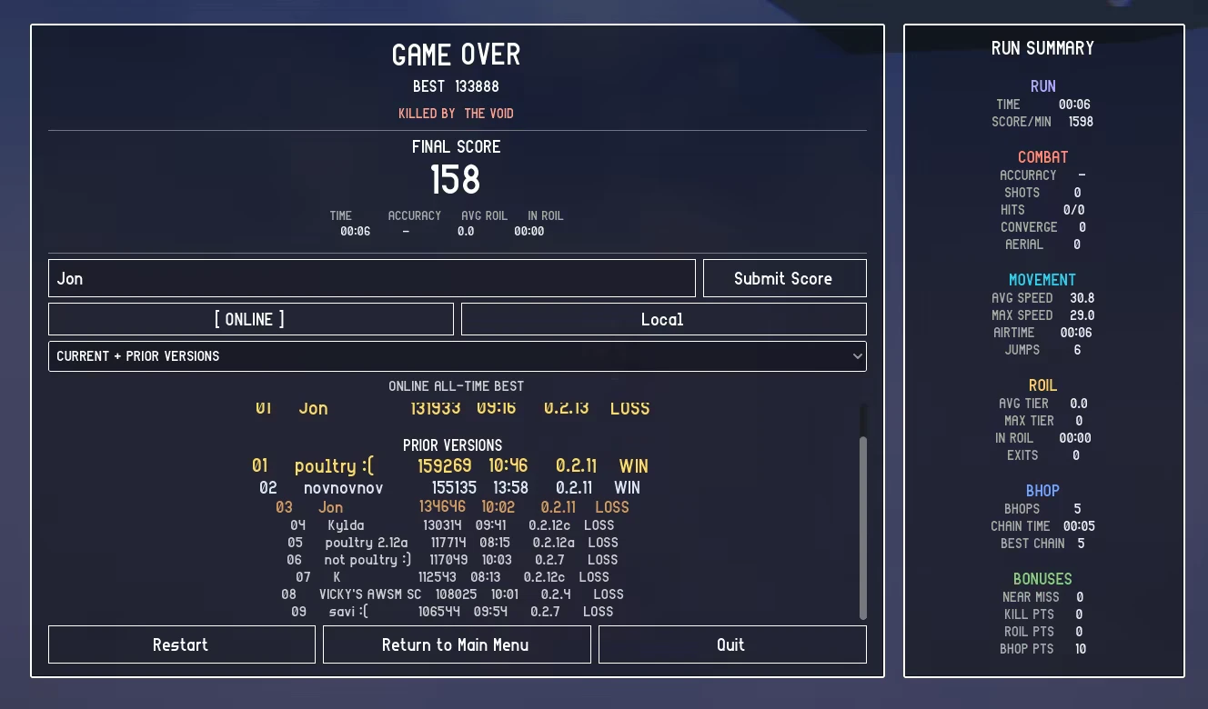 Game over Summary – PSYCHE PSYCHE: Game Over screen with final score 158, leaderboard list, and run summary panel.