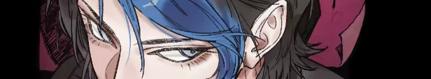 PSYCHExFUSE: Close-up of a character with blue hair and intense eyes, set against a dark background.