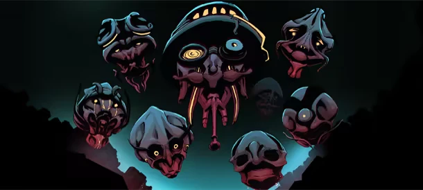 Psycho Banger: Seven eerie, floating skulls with glowing eyes and twisted expressions in darkness.