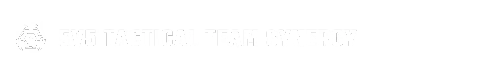 PUBG: White text "5V5 TACTICAL TEAM SYNERGY" with a hexagonal icon on a black background.