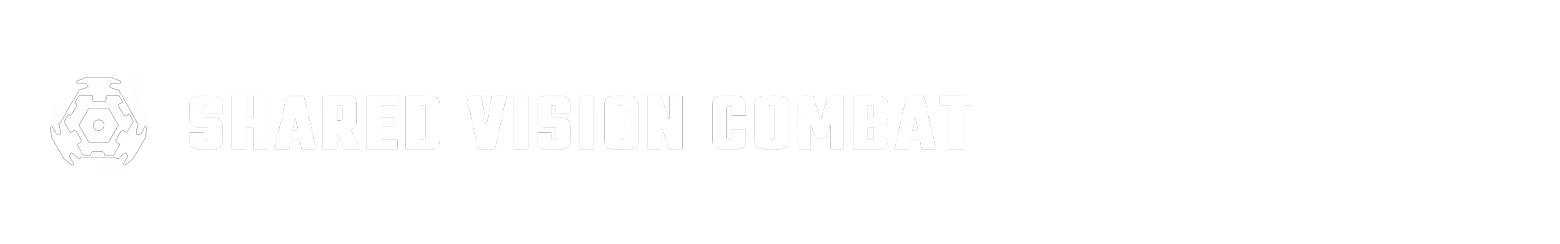 PUBG: White text "SHARED VISION COMBAT" with a hexagonal icon on a black background.