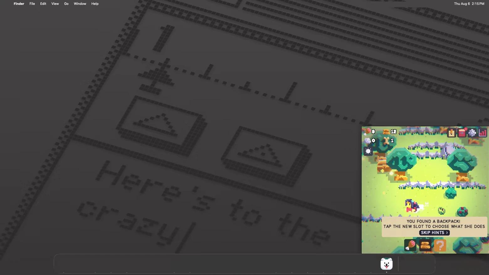 Backpack Hint Popup – Punch Rock Punch Rock: Small pixel game window with hint text “YOU FOUND A BACKPACK!” and SKIP HINTS button.