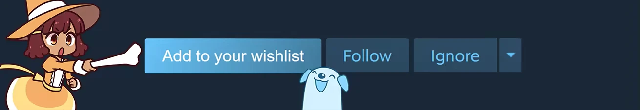 Puppergeist: Cartoon girl points at “Add to your wishlist” button, blue dog below.