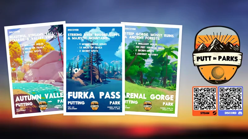 Autumn Valley Poster – Putt in Parks Putt in Parks: Three vibrant park posters with course details, logo, and QR codes for Steam and Discord.