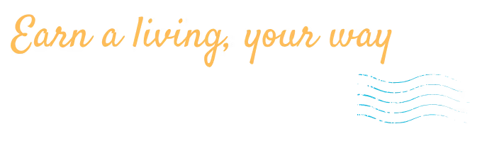 Raahi: Gold cursive text “Earn a living, your way” with blue wavy lines on black.