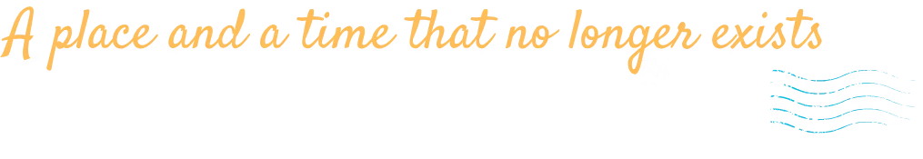 Raahi: Yellow cursive text “A place and a time that no longer exists” with blue waves.