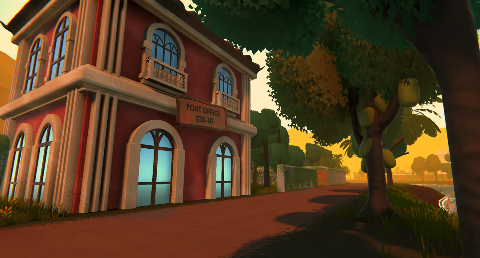 Raahi: Red post office building with arched windows and “POST OFFICE” sign by road.