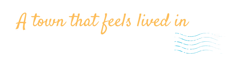 Raahi: Yellow cursive text “A town that feels lived in” with blue wavy lines on black.
