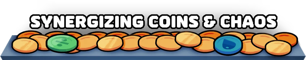 Coins Display – RACCOIN: Coin Pusher Roguelike RACCOIN: "Synergizing Coins & Chaos" text above a pile of gold, green, and blue coins.