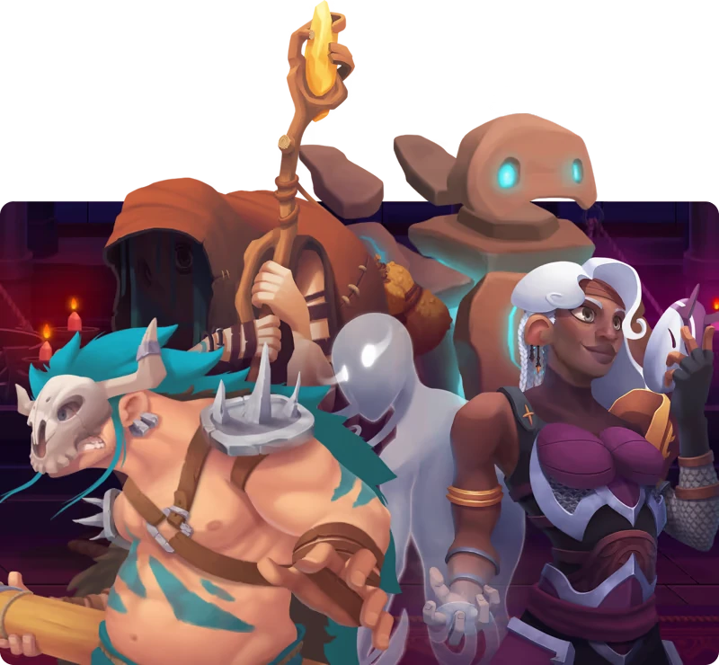 Radiant: Five diverse fantasy characters, including a warrior, mage, and robot, in vibrant attire.