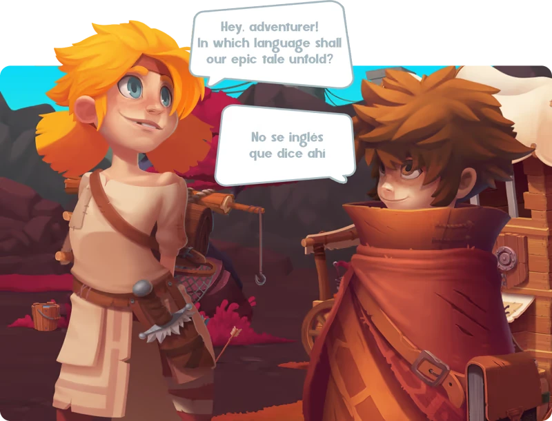 Radiant: Two characters converse in a colorful landscape with speech bubbles about language choice.