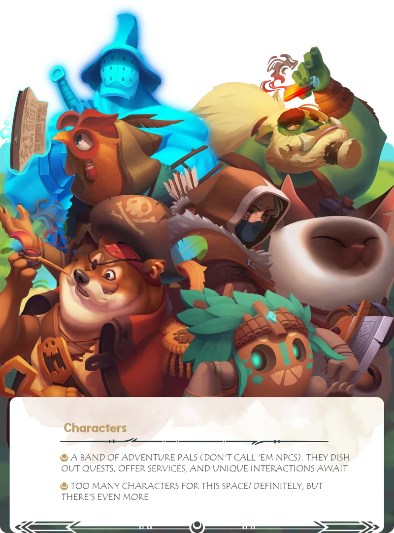 Radiant: Colorful characters, including a dog pirate and a hooded figure, with text on quests.