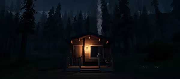 Radiolight: A small cabin with a glowing porch light stands amidst tall, dark trees at night.