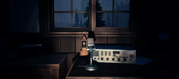 Radiolight: A dimly lit room with a radio, microphone, and lantern on a wooden desk by a window.