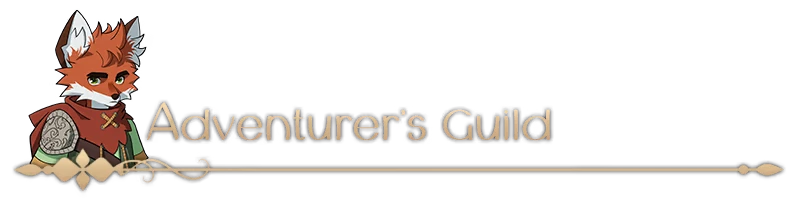 RAEV: Fox character in armor beside "Adventurer's Guild" text with decorative line below.