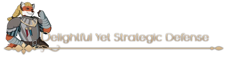 RAEV: Armored fox character with a confident pose beside text "Delightful Yet Strategic Defense."