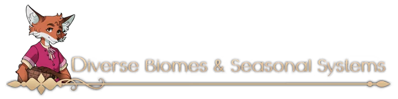 RAEV: A fox character in a pink outfit holds a basket beside text: "Diverse Biomes & Seasonal Systems."