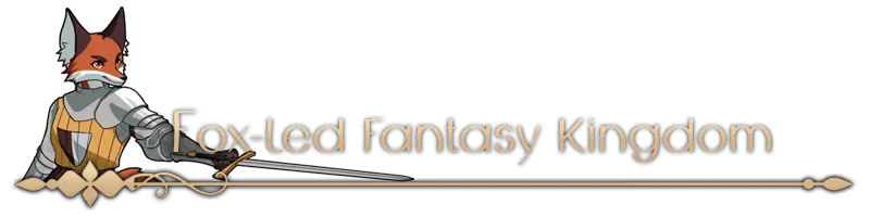 RAEV: Armored fox character with a sword beside text "Fox-led Fantasy Kingdom" in elegant font.