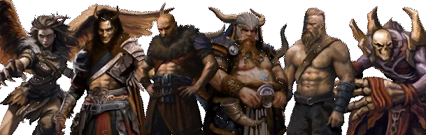 Ragnar: Six diverse characters, including a winged woman, armored warriors, and a skeletal figure.