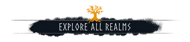 Ragnar: Orange tree icon above "Explore All Realms" text in Norse-style font on dark banner.