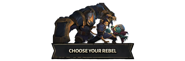 Raiders of Blackveil: Three armored characters pose above the text "CHOOSE YOUR REBEL."