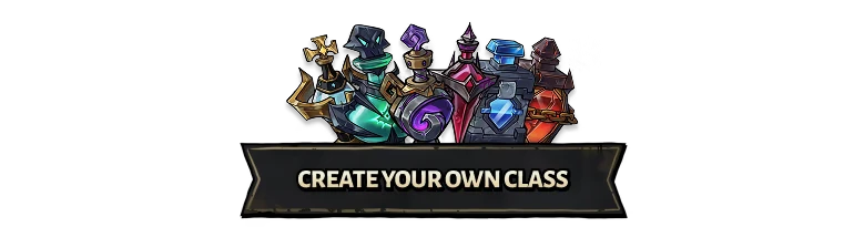 Raiders of Blackveil: Colorful potions and gems with "CREATE YOUR OWN CLASS" banner below.