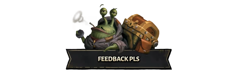Raiders of Blackveil: Green alien in a suit smokes a pipe, holding a chest. Text: "FEEDBACK PLS".