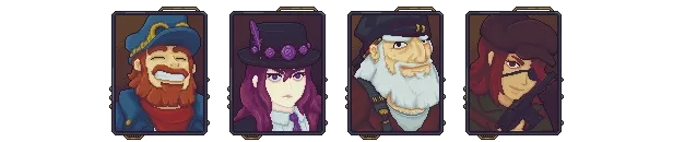 Railpunk Mayhem: Four pixel-art character portraits in framed cards on black background.