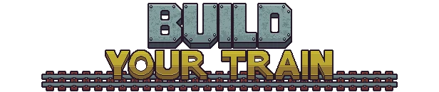 Railpunk Mayhem: Pixel-art text “BUILD YOUR TRAIN” on a horizontal rail track.
