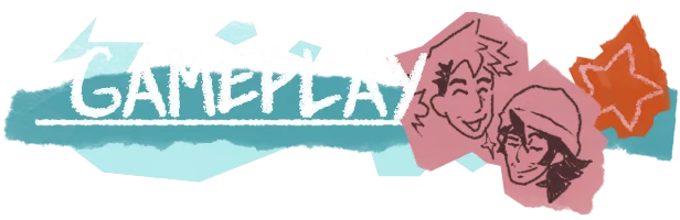 RAKKA: "GAMEPLAY" in white, textured font on blue with pink sketches of two smiling faces.