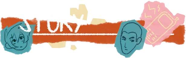 RAKKA: "STORY" in white, bold letters over orange, with blue character faces and pink phone sketch.