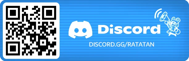 Ratatan: Blue background with Discord logo, QR code, and character with megaphone.