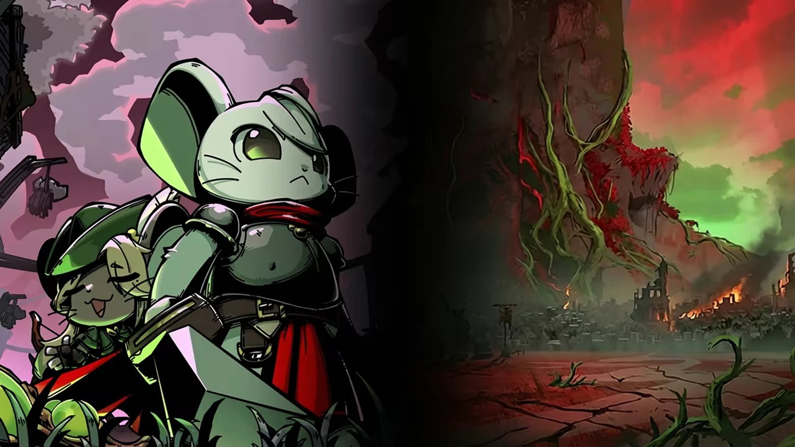 Ratocalypse: Two armored mice with red scarves stand before a fiery, vine-covered landscape.