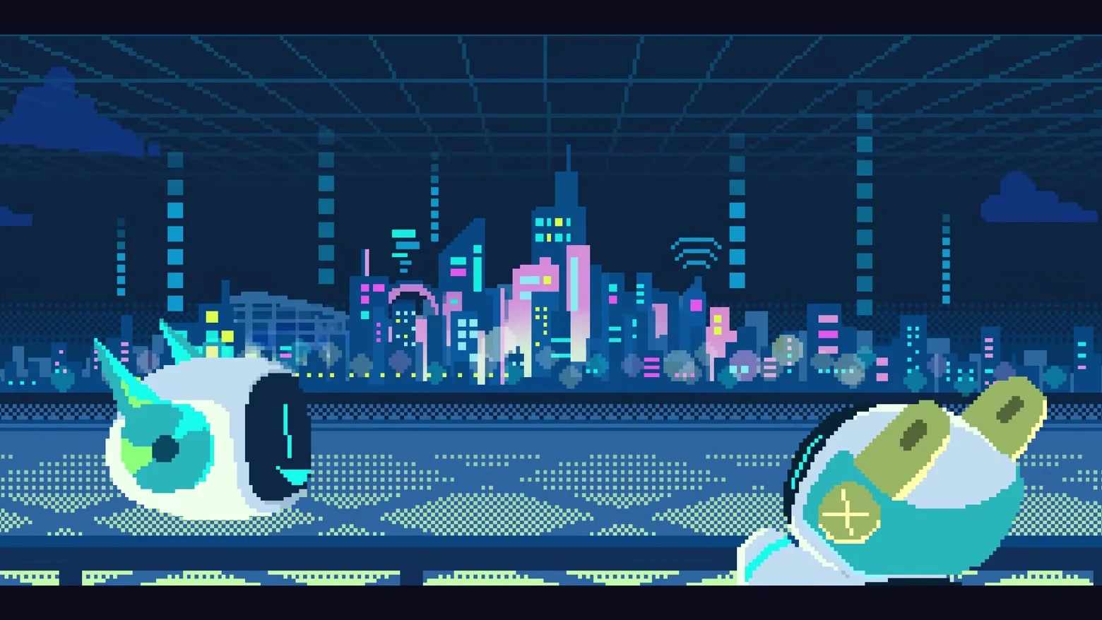 Re: Pixel city skyline with two small robots on a blue platform under a grid ceiling.