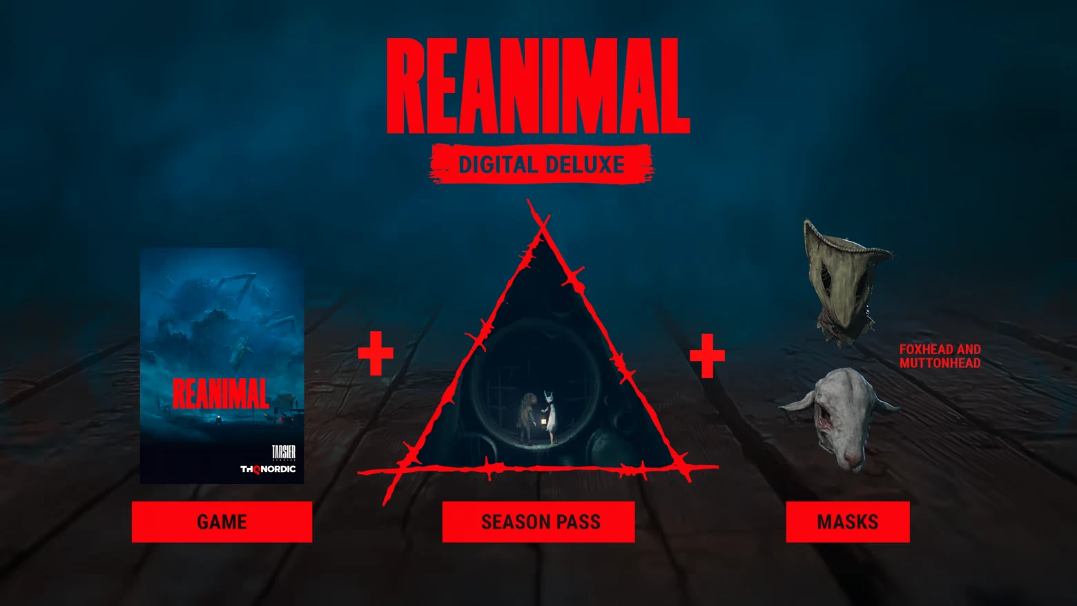 REANIMAL: Red text "REANIMAL DIGITAL DELUXE" over game cover, triangle, masks, and labels.