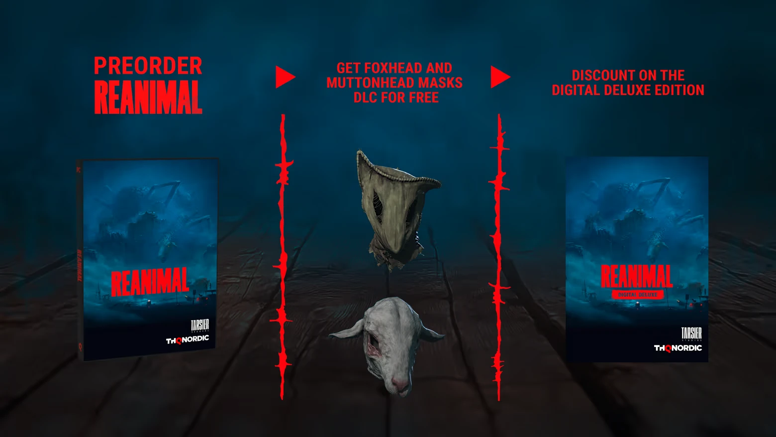 REANIMAL: Preorder text in red, two masks, game covers, and DLC offer on dark background.