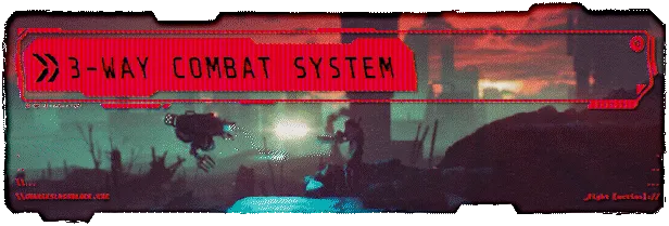 Rebel Core: Red UI with "3-Way Combat System" text, robot and figure in a dystopian landscape.