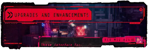 Rebel Core: Red interface displays "UPGRADES AND ENHANCEMENTS" over a futuristic scene.