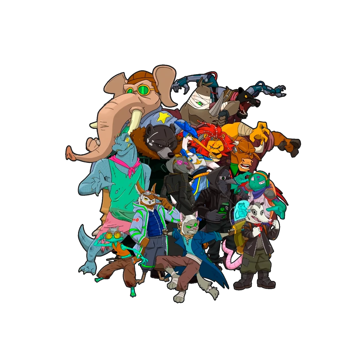 Rebel Roar: Group of cartoon rebel animals, led by an elephant in goggles on black.
