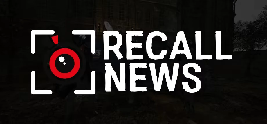 Title Screen – Recall News Recall News: Bold white text with a red eye icon on a dark, shadowy background.