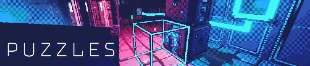 Neon Cube Puzzle – Reconfigure Reconfigure: Pixelated sci-fi room with wireframe cube; large white text “PUZZLES”.