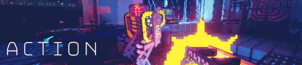 Robot Firefight – Reconfigure Reconfigure: Pixel art robot and yellow explosion beside large white “ACTION” text.