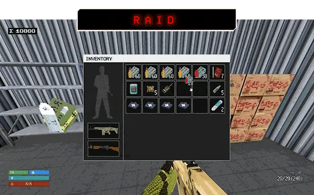 Red Light: Inventory screen with ammo, supplies, and weapons. "RAID" in red text above.