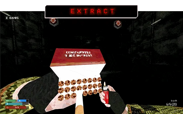 Red Light: Player holds a cigarette pack and lighter; "EXTRACT" glows red above in dark room.