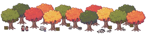 Red Rain: Pixel forest with autumn trees, two people, and a speech bubble icon.